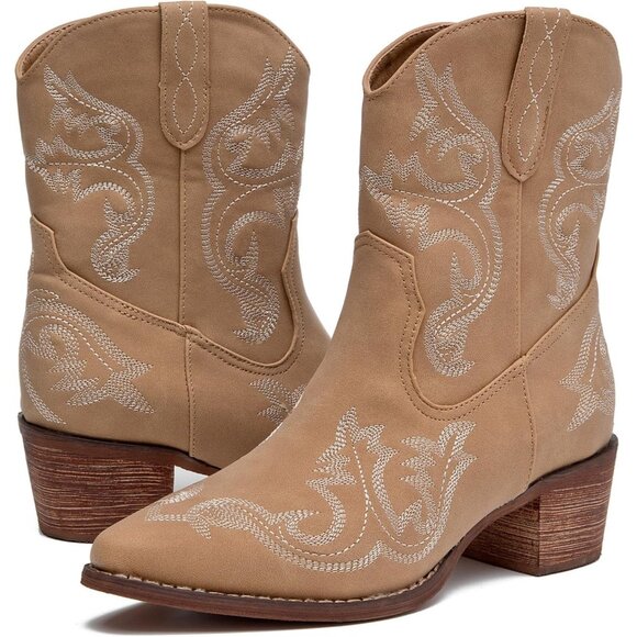 Shoes - ⚡Women's Brown Embroidered Square Toe Western Cowgirl Boots Chunky Heel Pull On